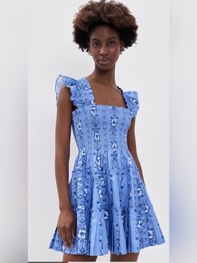 Hill House Blue Floral Smocked Ruffle Midi Dress